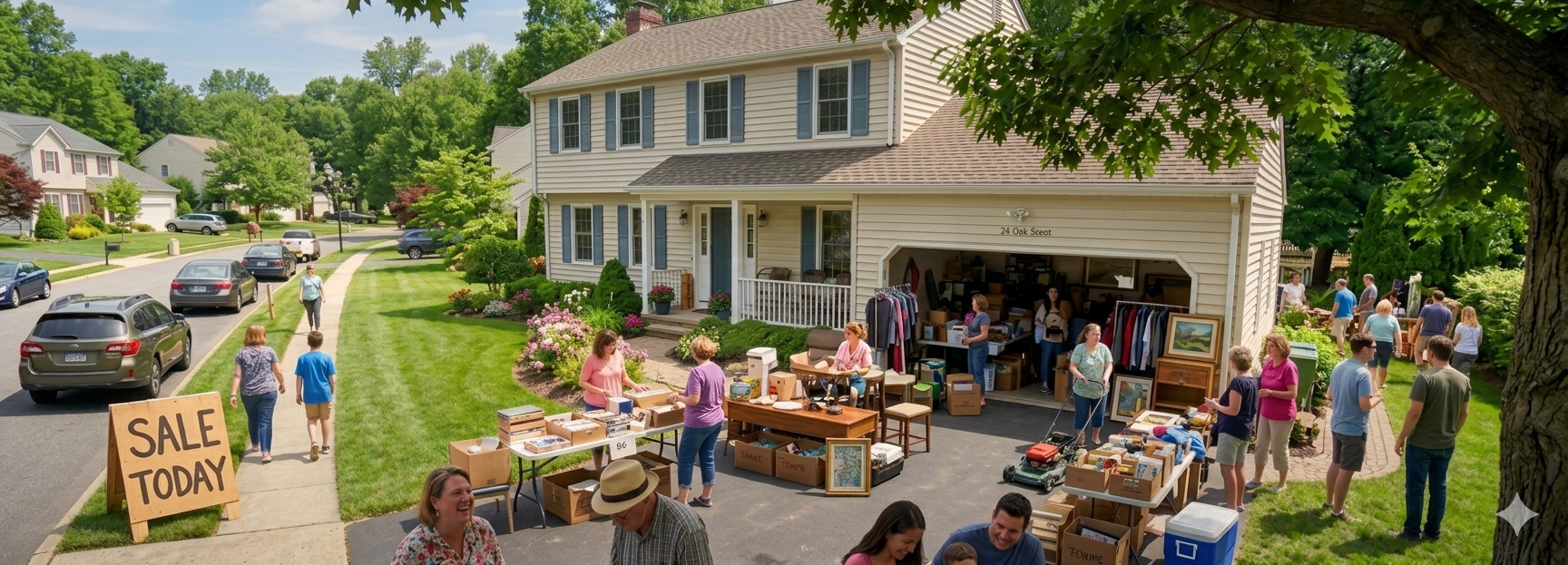 Beautiful suburban garage sale on a sunny day